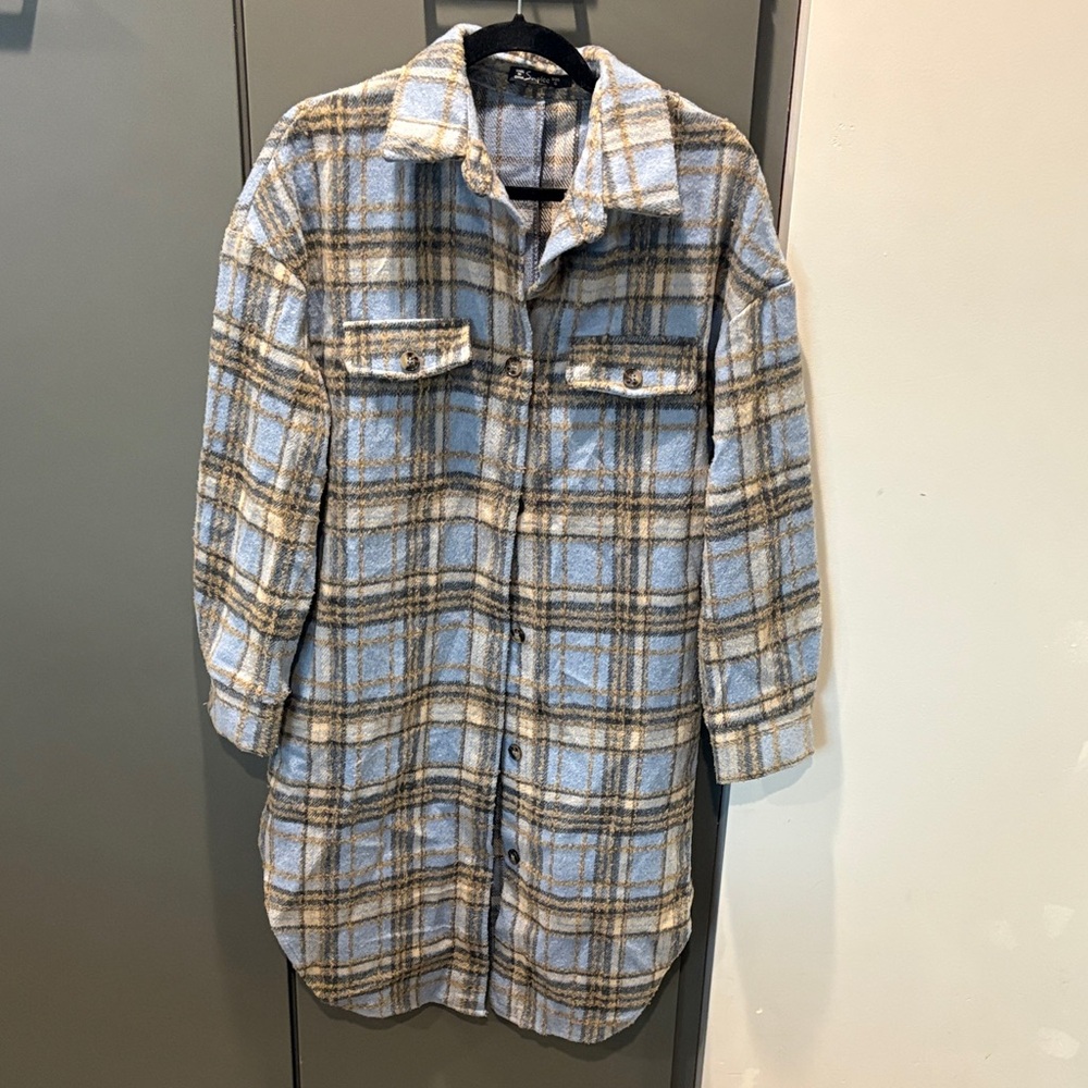 Simplee Apparel Blue and Tan Plaid Utility Jacket